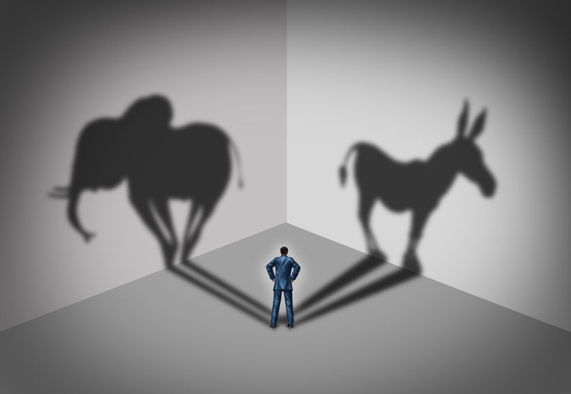 Republican and democrat voter concept as a symbol of an American election political identity campaign choice as two United States political parties shaped as an elephant and donkey in a 3D illustration style.