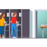 People voting at modern voting station standing in booth making choice using modern automated counting machine. Balloting watcher working at desk. Flat style vector isolated illustration