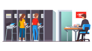 People voting at modern voting station standing in booth making choice using modern automated counting machine. Balloting watcher working at desk. Flat style vector isolated illustration