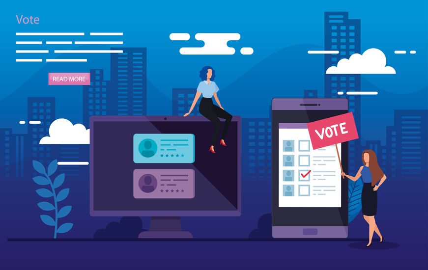 poster of vote with business women in cityscape illustration vector illustration design
